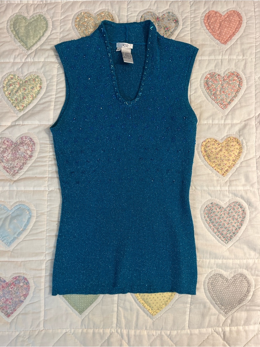 Cache Beaded Sparkly Blue Metallic Knit Y2K Vintage Top Size Large Stretchy - Picture 2 of 8